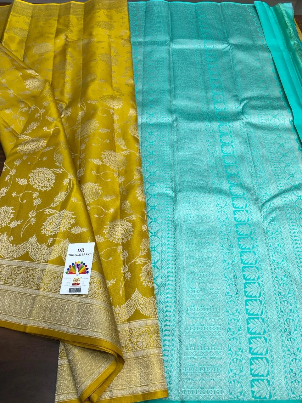 YELLOW AND FIROZI BLUE SHADE BRIDAL SPECIAL PRESENTING A PURE KANCHI HANDLOOM PATTU SILK SAREES WITH BROCADE ZARI WEAVINGS-PRIYA001KS