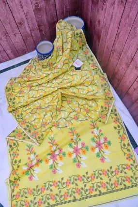 Yellow Color Jamdani Saree with Allover Jaal Work and Tissue Kota Blouse Piece